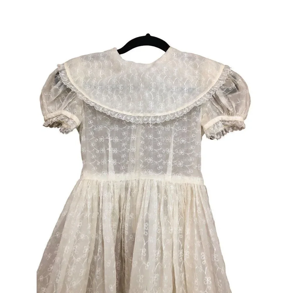 Vintage White Lace Dress Embroidered Semi Sheer Short Sleeve Girls Size 8-10